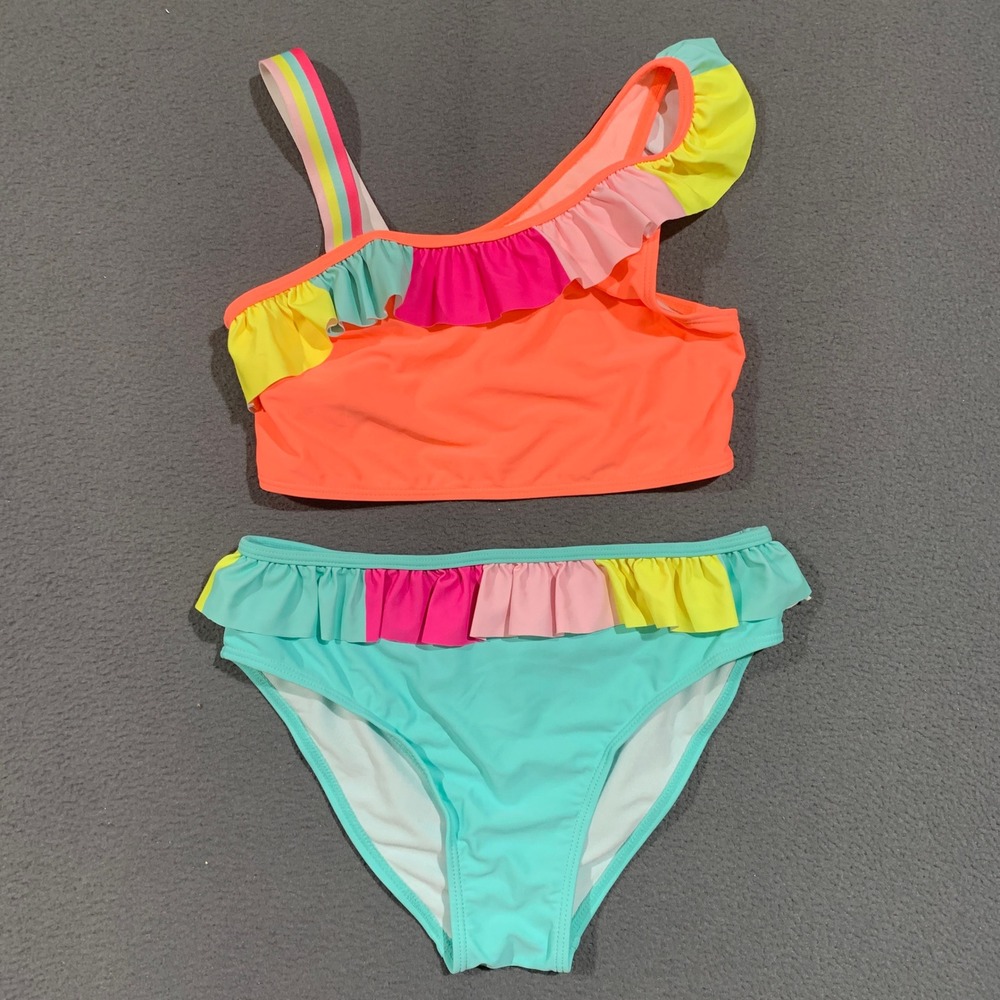 Unbranded Bikini Girls Size 12 Neon Orange Aqua Ruffle One Shoulder Swimsuit